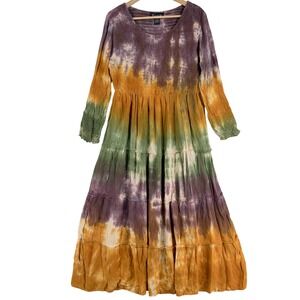 Frazzle Maxi Dress Womens L Tie Dye Purple Mustard Tiered Smocked Boho Hippie